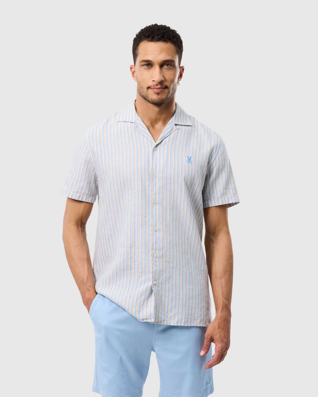 Chemises Psycho Bunny Justin Linen Camp Shirt Bleu Homme | DXH-51049201